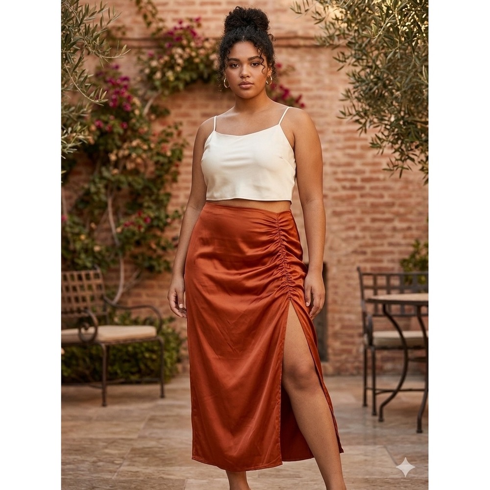 Abercrombie & Fitch Rust Orange Satin Ruched Side Slit Midi Skirt Large Fall